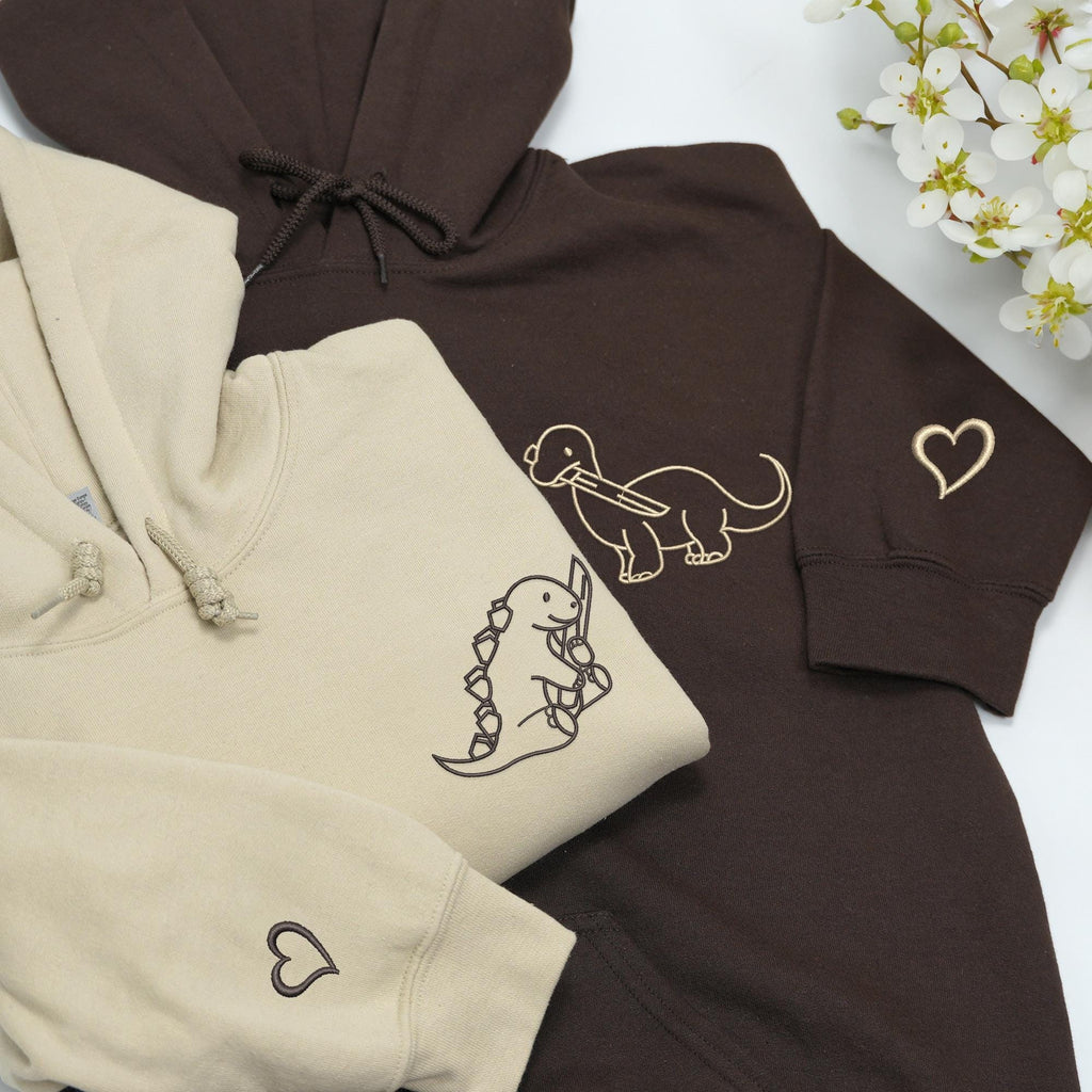 Embroidered Dinosaur with Knife Matching Couple Hoodies, Dinosaur Valentine Hoodie, BF and GF Hoodie, Anniversary Gift for Him, Her