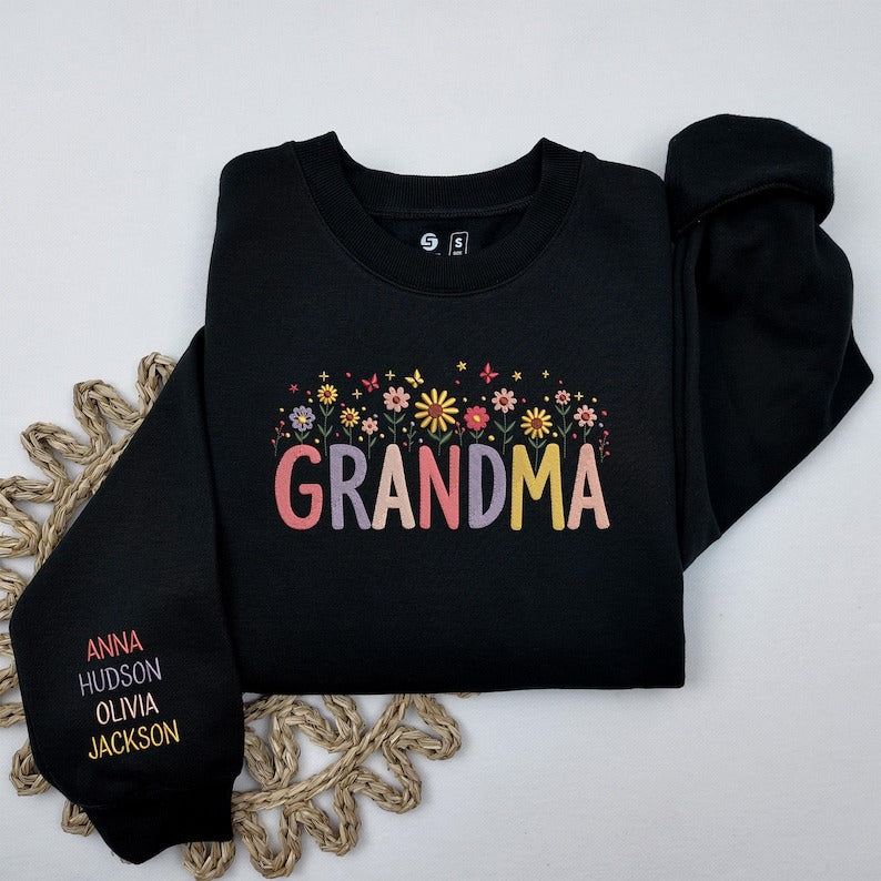 Grandma Wildflower Sweatshirt, Custom Embroidered Grandma Sweatshirt, Grandkids Name On Sleeve, Wildflowers Sweatshirt, Custom Grandma Gift