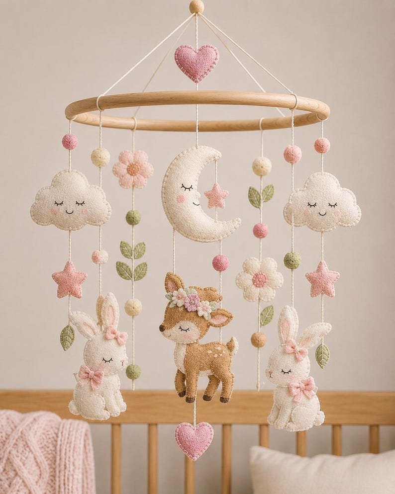 Floral Woodland Baby Mobile, Handmade Felt Crib Mobile with Deer Bunny Flowers and Moon, Baby Girl Nursery Decor, Baby Shower Gift BBMB38