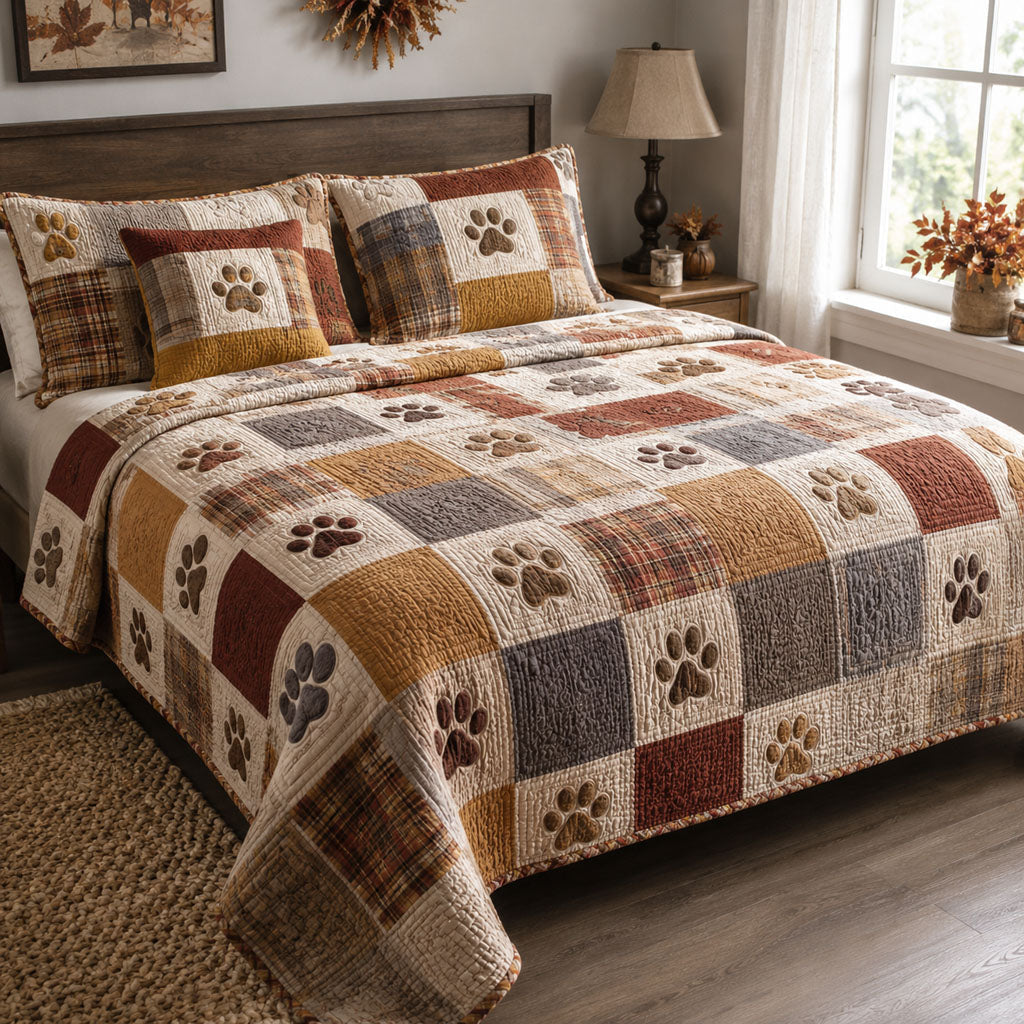 Vintage Dog Paw Print Quilted Bedding Set, Paw Patchwork Blanket, Paw Quilt with Pillow Covers, Pet Lover Bedroom Decor QBEDSET51