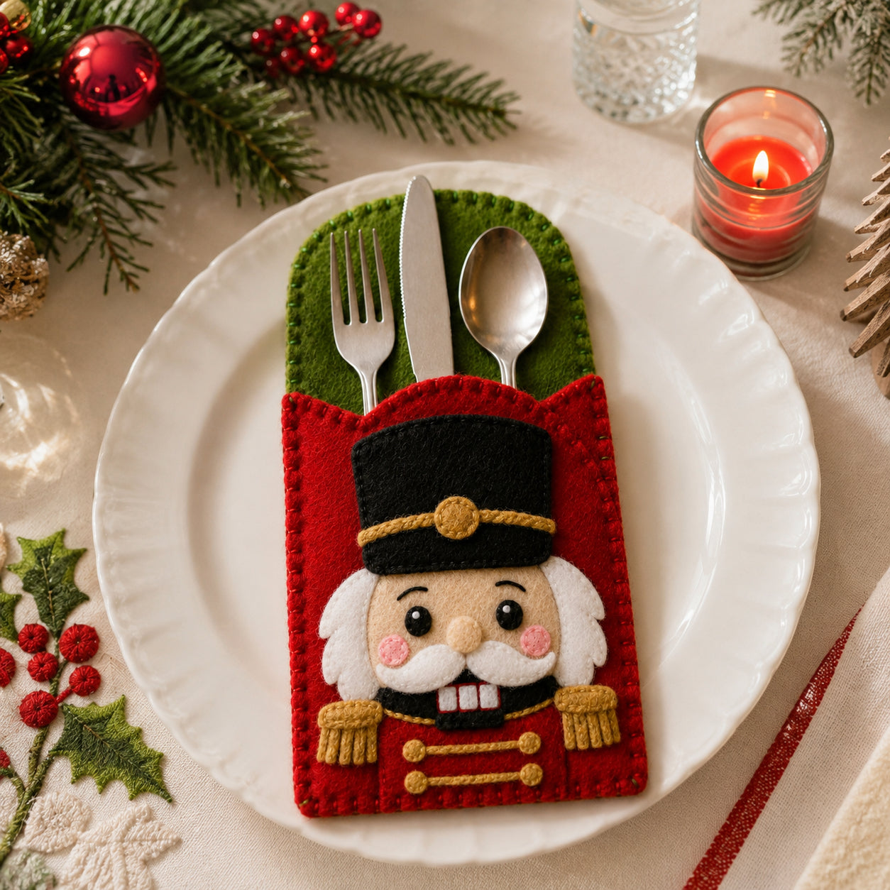 Nutcracker Felt Silverware Holder, Christmas Cutlery Pocket, Holiday Table Decor, Festive Dining Place Setting FELTCH21