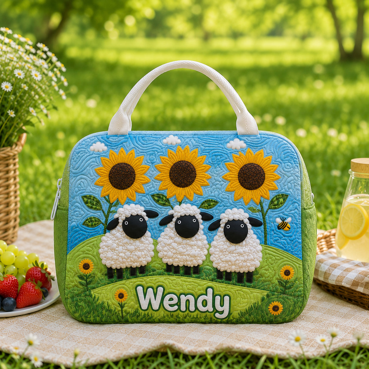 Sunflower Sheep Quilted Lunch Bag, Insulated Quilted Lunch Tote, Sheep Lunch Bag, Custom Kid Lunch Bag, Back To School Bag, Picnic Bag, Reusable Lunch Tote QLB21