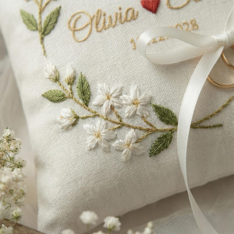 Personalized Embroidered Floral Wedding Ring Bearer Pillow, Custom Wedding Ring Pillow, Wedding Keepsake Gift WPILLOW21