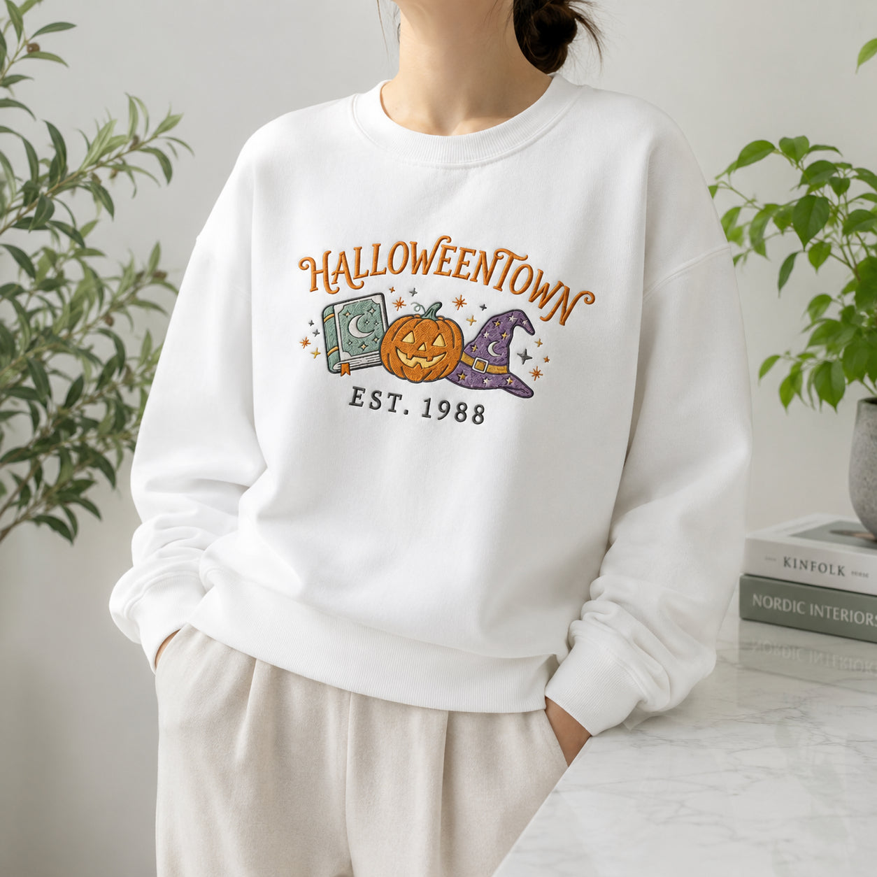 Vintage Halloween Town Est 1988 Embroidered Shirt, Spooky Season Shirt, Halloween Lover Gift, Retro Pumpkin Shirt, Fall Holiday Shirt HLEM21