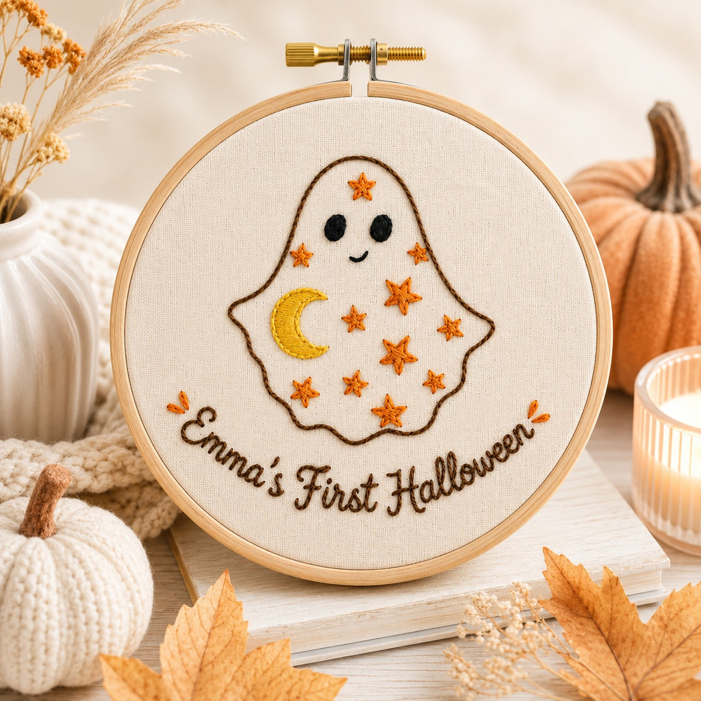 Personalized First Halloween Hand-Embroidery Hoop, Baby's First Halloween Decor, Custom Name Ghost Wall Art, Handmade Nursery Keepsake Gift HOOP22