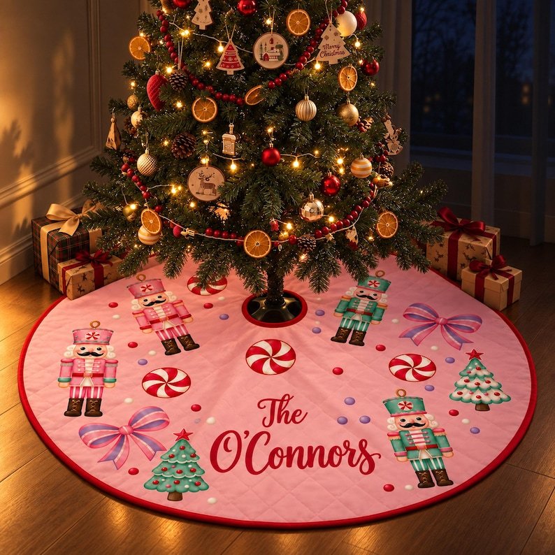 Custom Pink Christmas Quilted Tree Skirt, Patchwork Xmas Tree Skirt, Holiday Decor, Xmas Tree Base Cover, Custom Tree Skirt XMASTS21