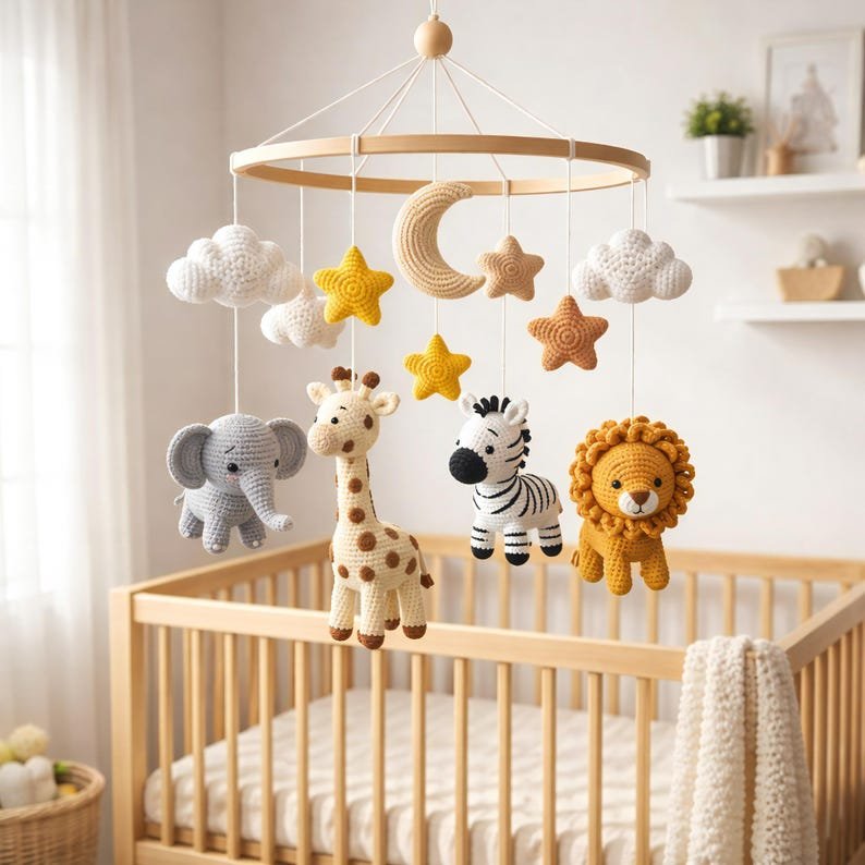 Safari Animals Baby Crib Mobile, Handmade Crochet Lion Giraffe Elephant Zebra Mobile, Jungle Nursery Decor, Safari Baby Mobile, Baby Shower Gift CrochetBBM19
