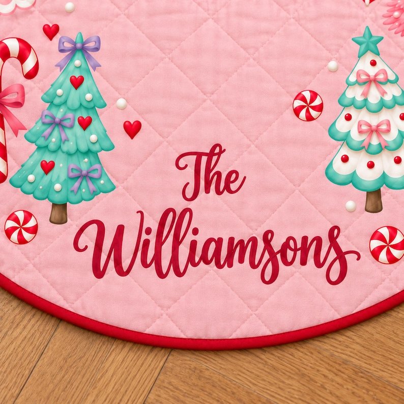 Custom Pink Christmas Quilted Tree Skirt, Patchwork Xmas Tree Skirt, Holiday Decor, Xmas Tree Base Cover, Custom Tree Skirt XMASTS21