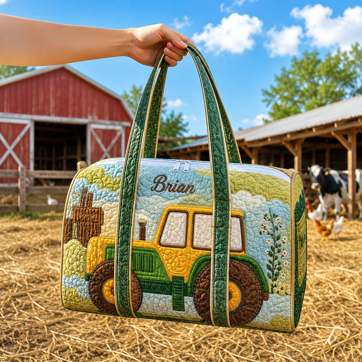 Personalized Farm Tractor Quilted Duffle Bag, Custom Farmer Travel Bag, Country Weekender Bag, Farming Gift DFB43