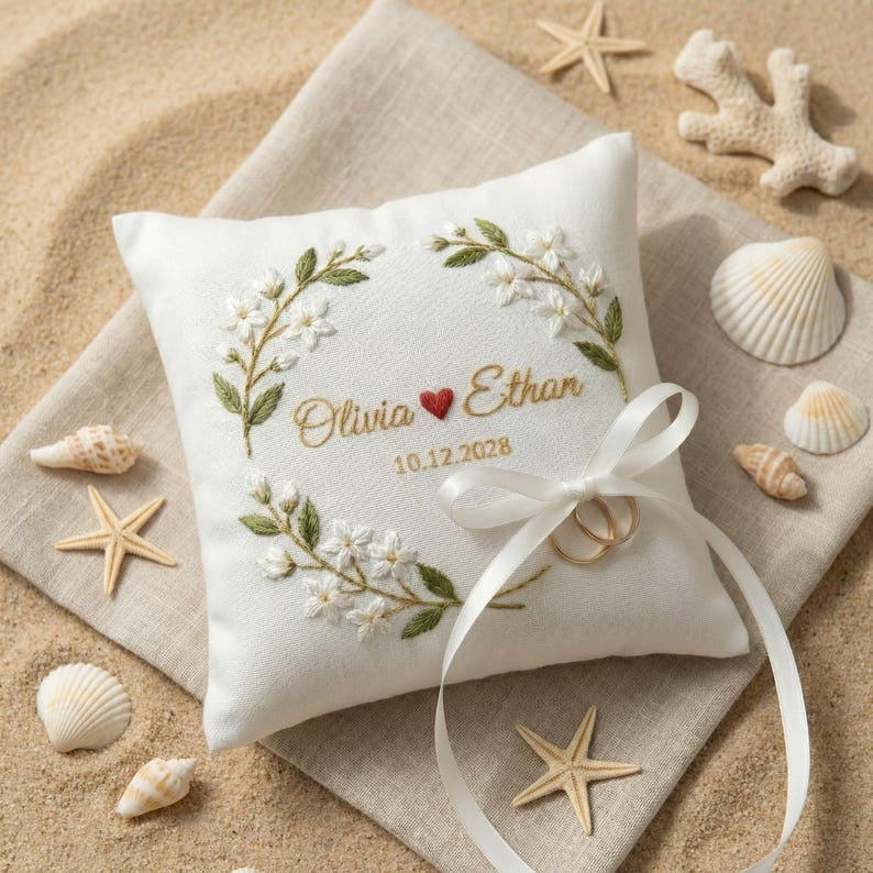 Personalized Embroidered Floral Wedding Ring Bearer Pillow, Custom Wedding Ring Pillow, Wedding Keepsake Gift WPILLOW21