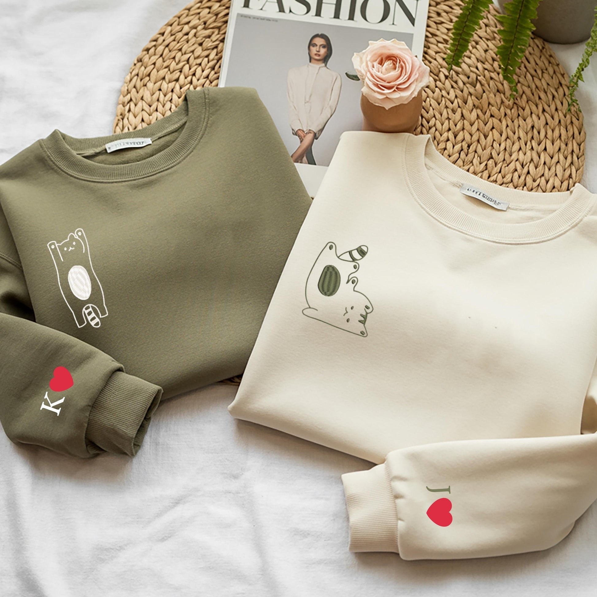 Embroidered Sweatshirt Custom Cat For Couple, Name on Sleeve, Matching Cat Hoodies for Couples, Anniversary Gifts, Gifts for Him & Her, Couple gifts