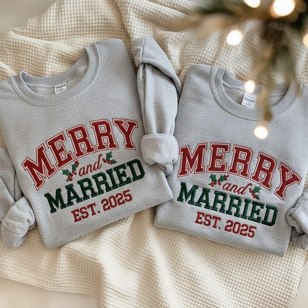 Embroidered Merry and Married Sweatshirt, Christmas Newlywed Matching Couple Sweaters, Christmas Wedding Sweater, Christmas Couple Shirt