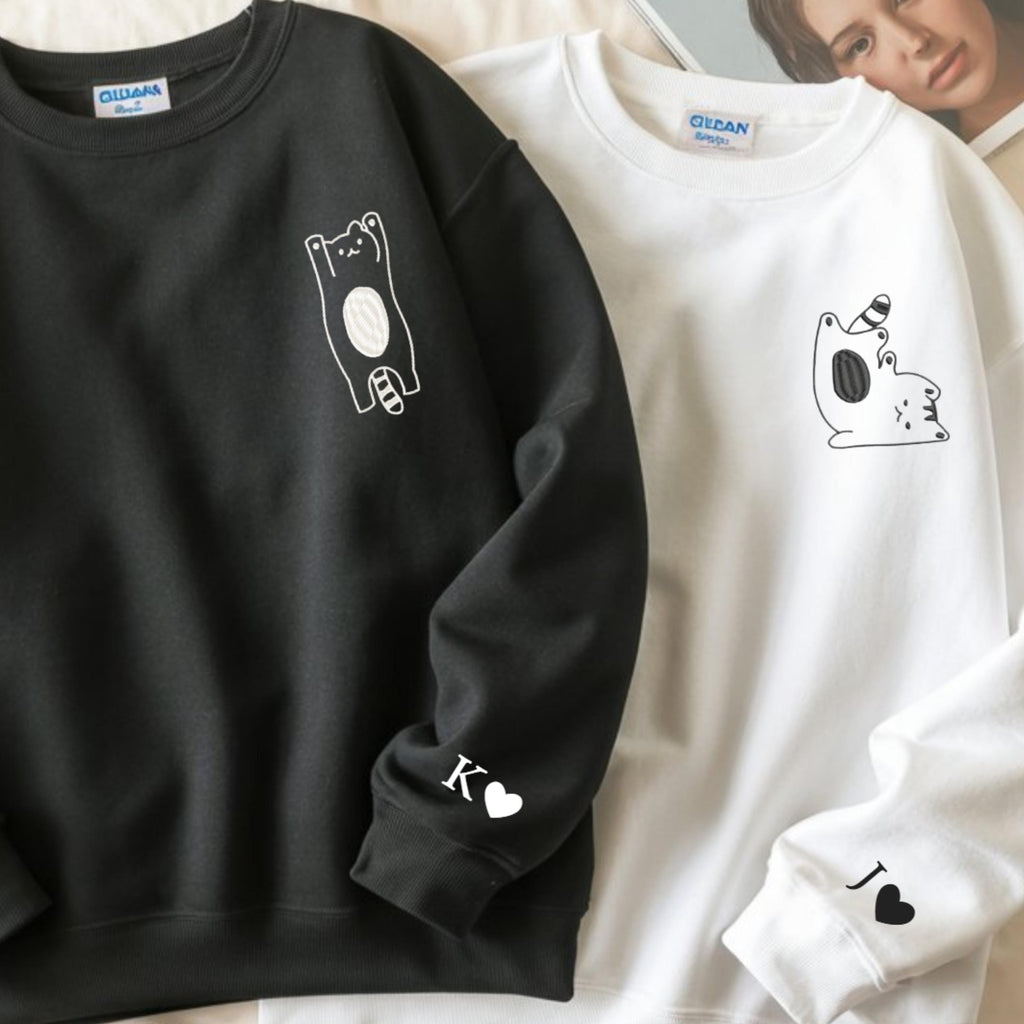 Embroidered Sweatshirt Custom Cat For Couple, Name on Sleeve, Matching Cat Hoodies for Couples, Anniversary Gifts, Gifts for Him & Her, Couple gifts