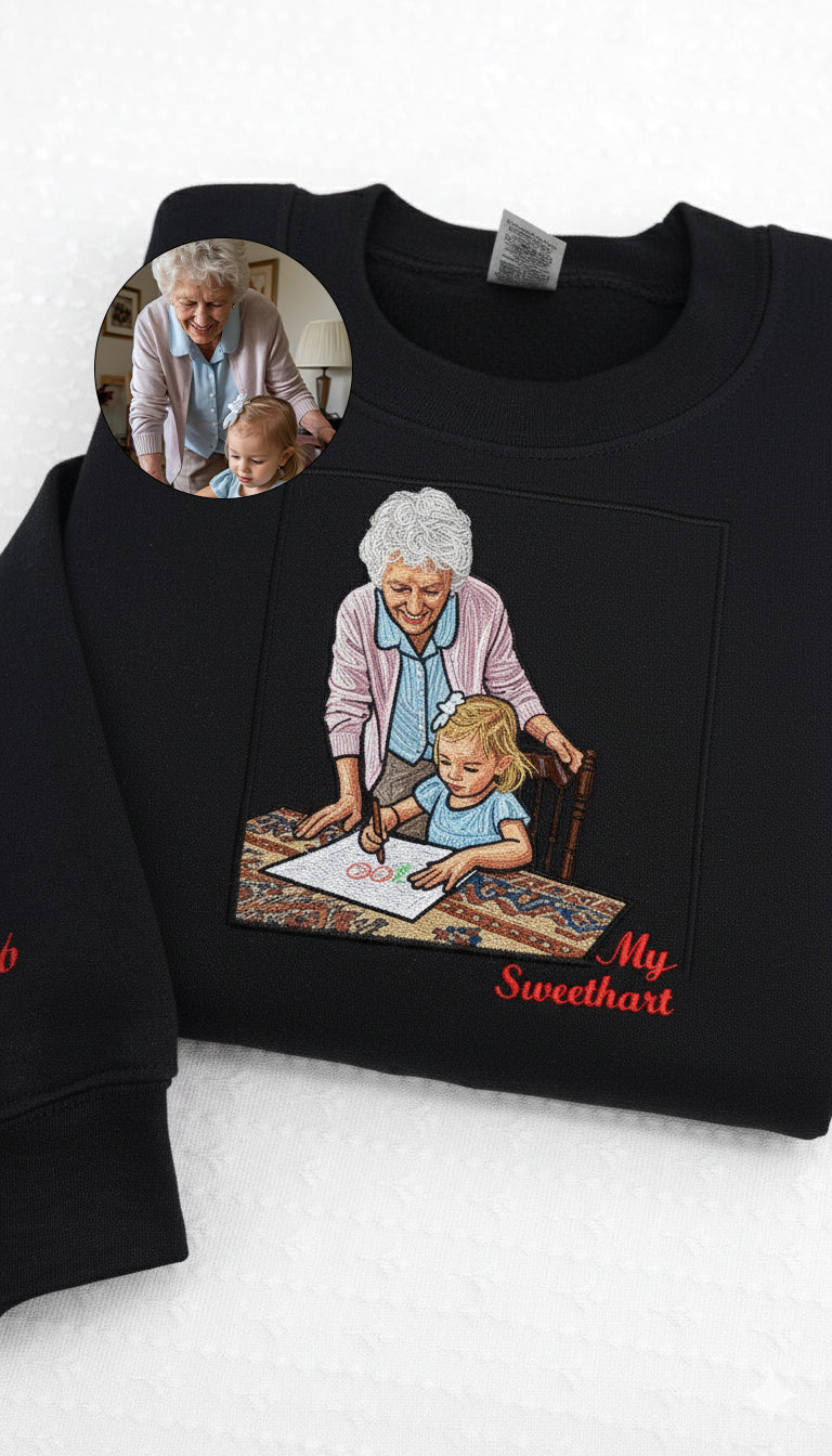 Custom Grandma Embroidered Sweatshirt, Personalized Photo Portrait Crewneck, Gift for Grandma, Family Memory Sweater
