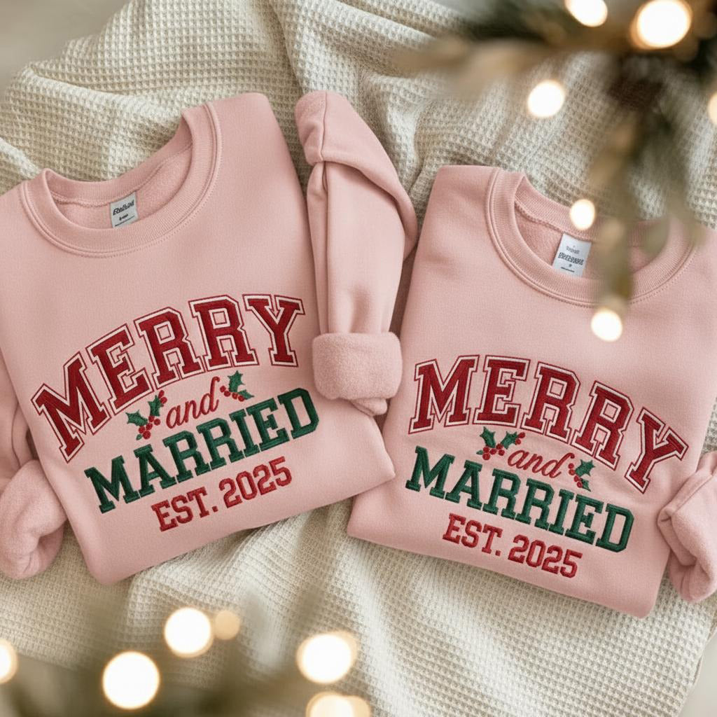 Embroidered Merry and Married Sweatshirt, Christmas Newlywed Matching Couple Sweaters, Christmas Wedding Sweater, Christmas Couple Shirt