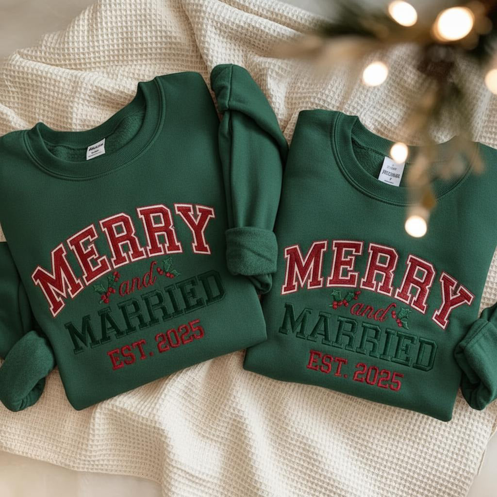 Embroidered Merry and Married Sweatshirt, Christmas Newlywed Matching Couple Sweaters, Christmas Wedding Sweater, Christmas Couple Shirt