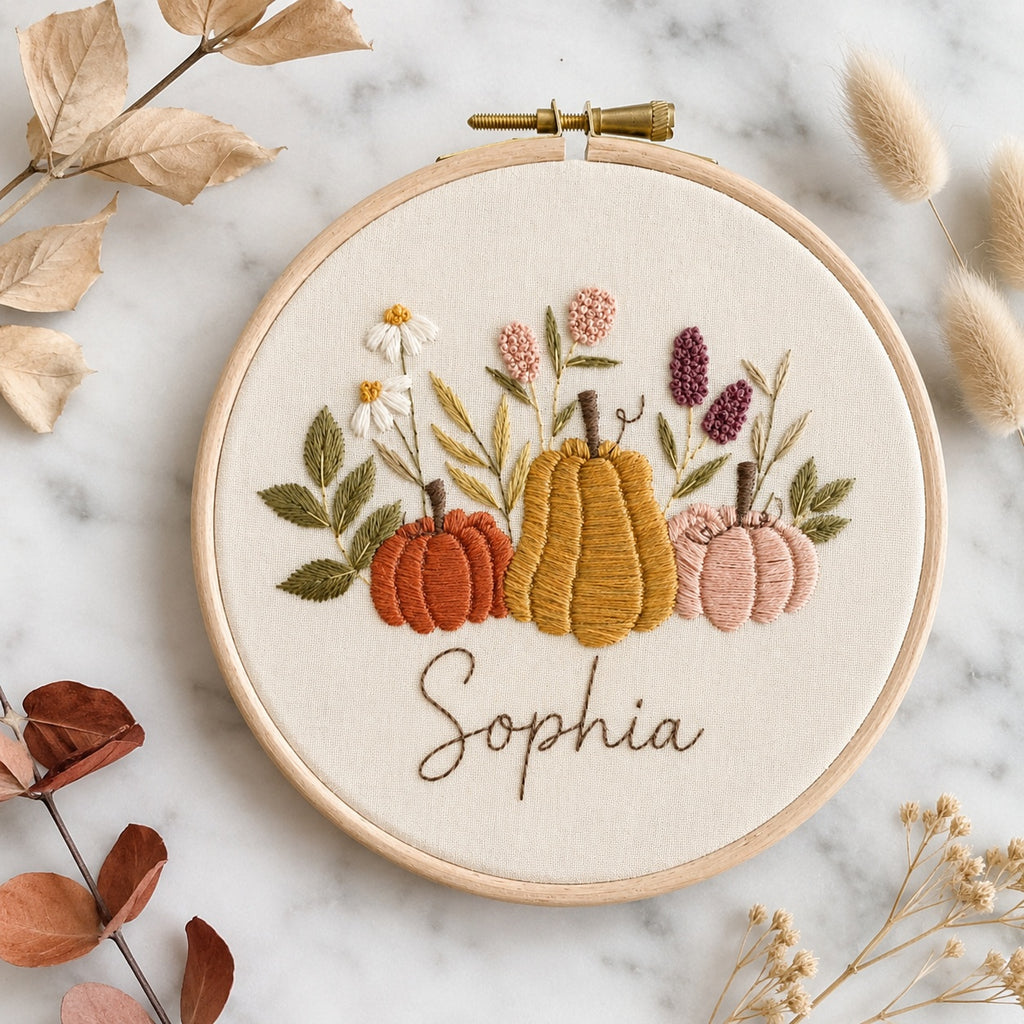 Personalized Pumpkin Hand-Embroidery Hoop Art, Custom Name Fall Decor, Autumn Floral Pumpkin Wall Hanging, Handmade Harvest Gift HOOP23