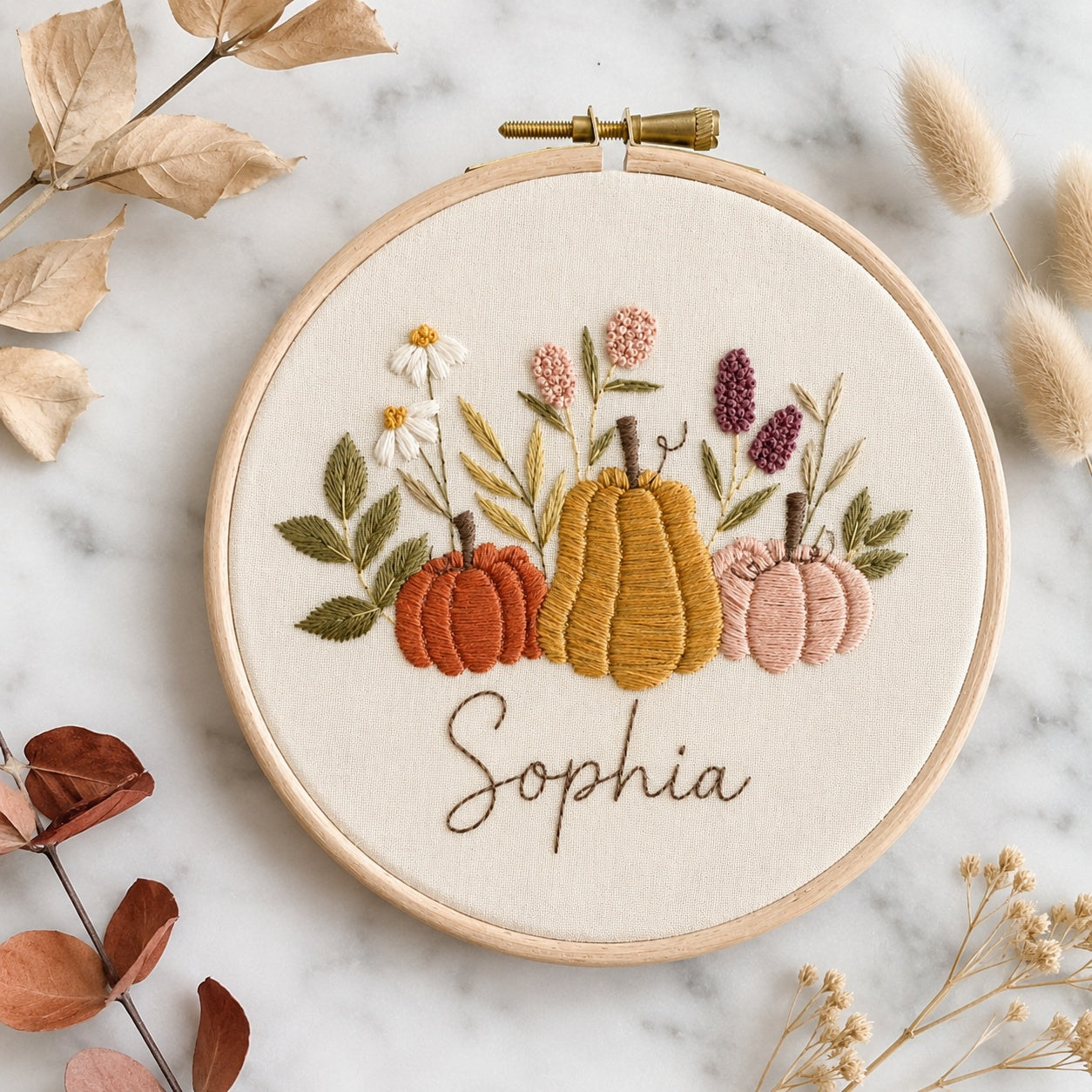 Personalized Pumpkin Hand-Embroidery Hoop Art, Custom Name Fall Decor, Autumn Floral Pumpkin Wall Hanging, Handmade Harvest Gift HOOP23