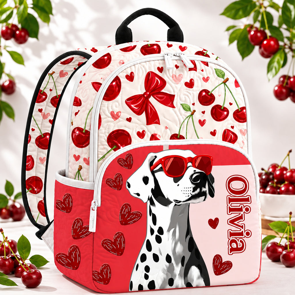 Dalmatian And Cherry Quilted Backpack, Custom Dog Cherry Backpack, Mini Travel Bag, School Bag, Back To School Backpack QBP10