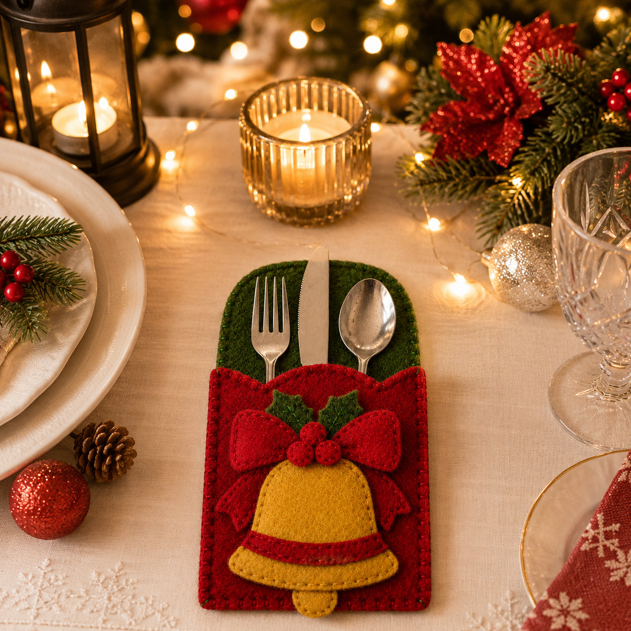 Christmas Bell Felt Silverware Holder, Holiday Cutlery Pocket, Xmas Table Decor, Festive Place Setting FELTCH22