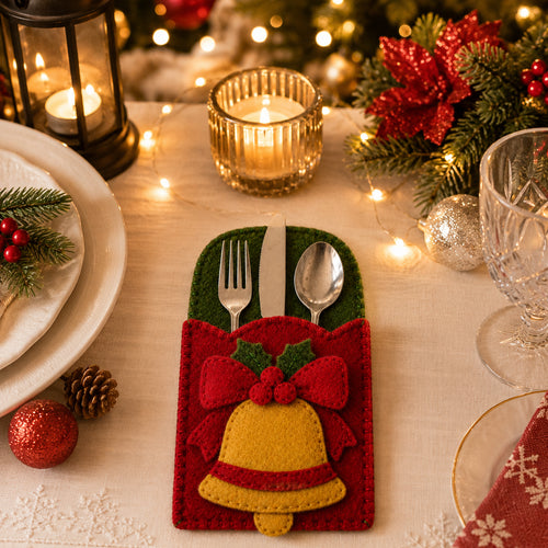 Christmas Bell Felt Silverware Holder, Holiday Cutlery Pocket, Xmas Table Decor, Festive Place Setting FELTCH22