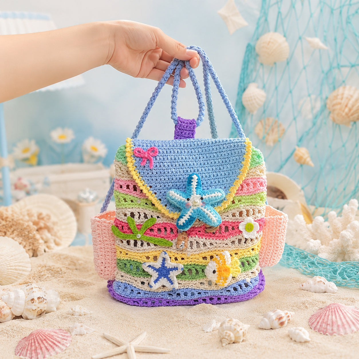 Crochet Kids Backpack, Handmade Colorful Ocean School Bag, Kid Backpack, Starfish Fish Crochet Backpack, Cute Beach Themed Backpack for Girls, Summer Gift for Kids Crochet16
