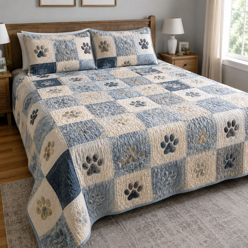 Vintage Blue Dog Paw Print Quilted Bedding Set, Paw Patchwork Blanket, Paw Quilt with Pillow Covers, Pet Lover Bedroom Decor QBEDSET52