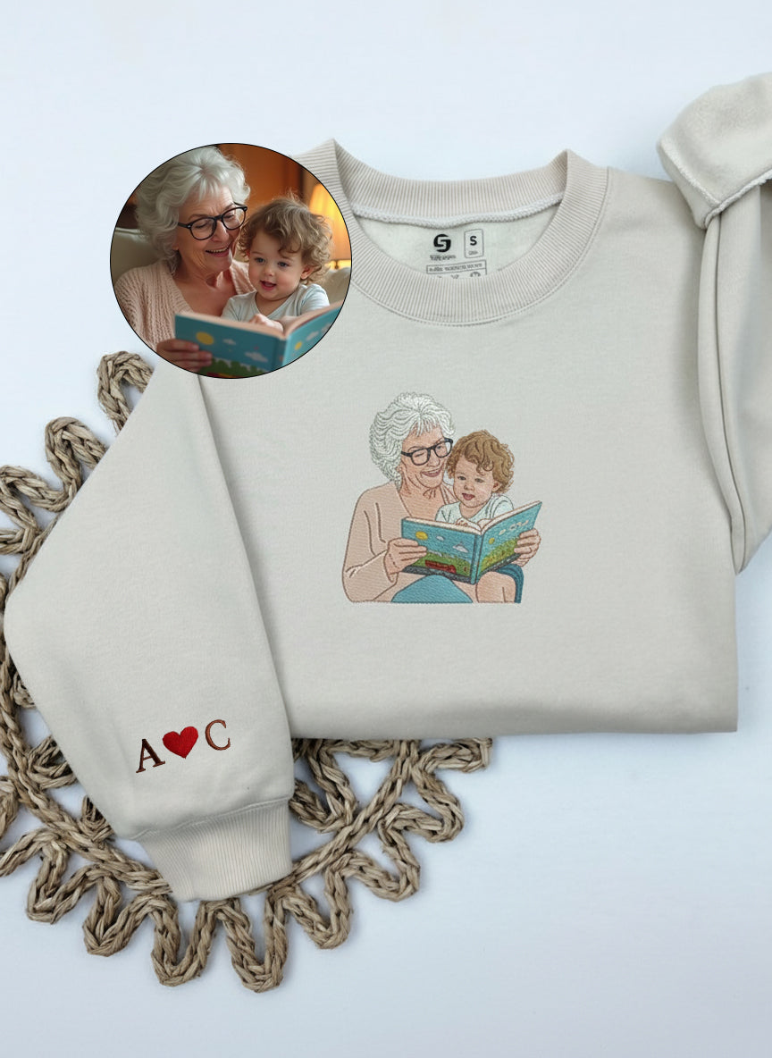 Custom Grandma Embroidered Sweatshirt, Personalized Photo Portrait Crewneck, Gift for Grandma, Family Memory Sweater