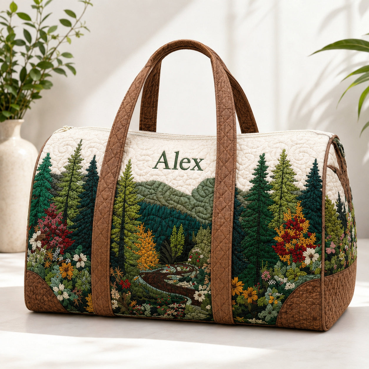 Forest Floral Quilted Duffle Bag, Woodland Weekender Bag, Forest Travel Bag, Custom Family Travel Bag QTTVB02