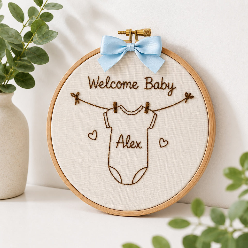 Welcome Baby Embroidery Hoop, Hand Embroidered Personalized Baby Name Hoop, Custom Onesie Nursery Wall Art, Newborn Keepsake Gift EM19