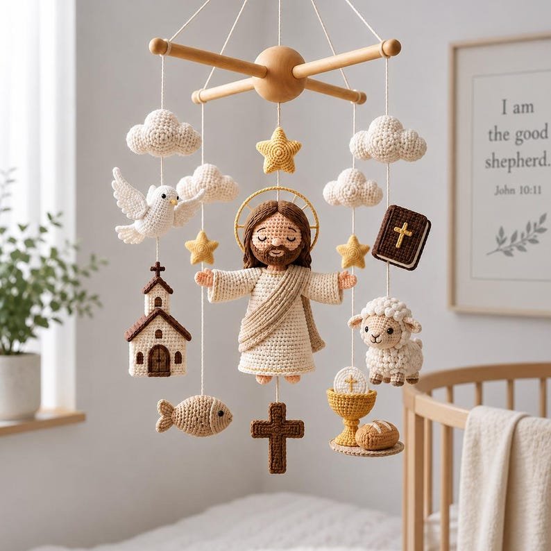 Jesus Christian Baby Crib Mobile, Handmade Crochet Jesus Mobile, Cross Bible Lamb Church Nursery Decor, Christian Baby Shower Gift CrochetBBM20