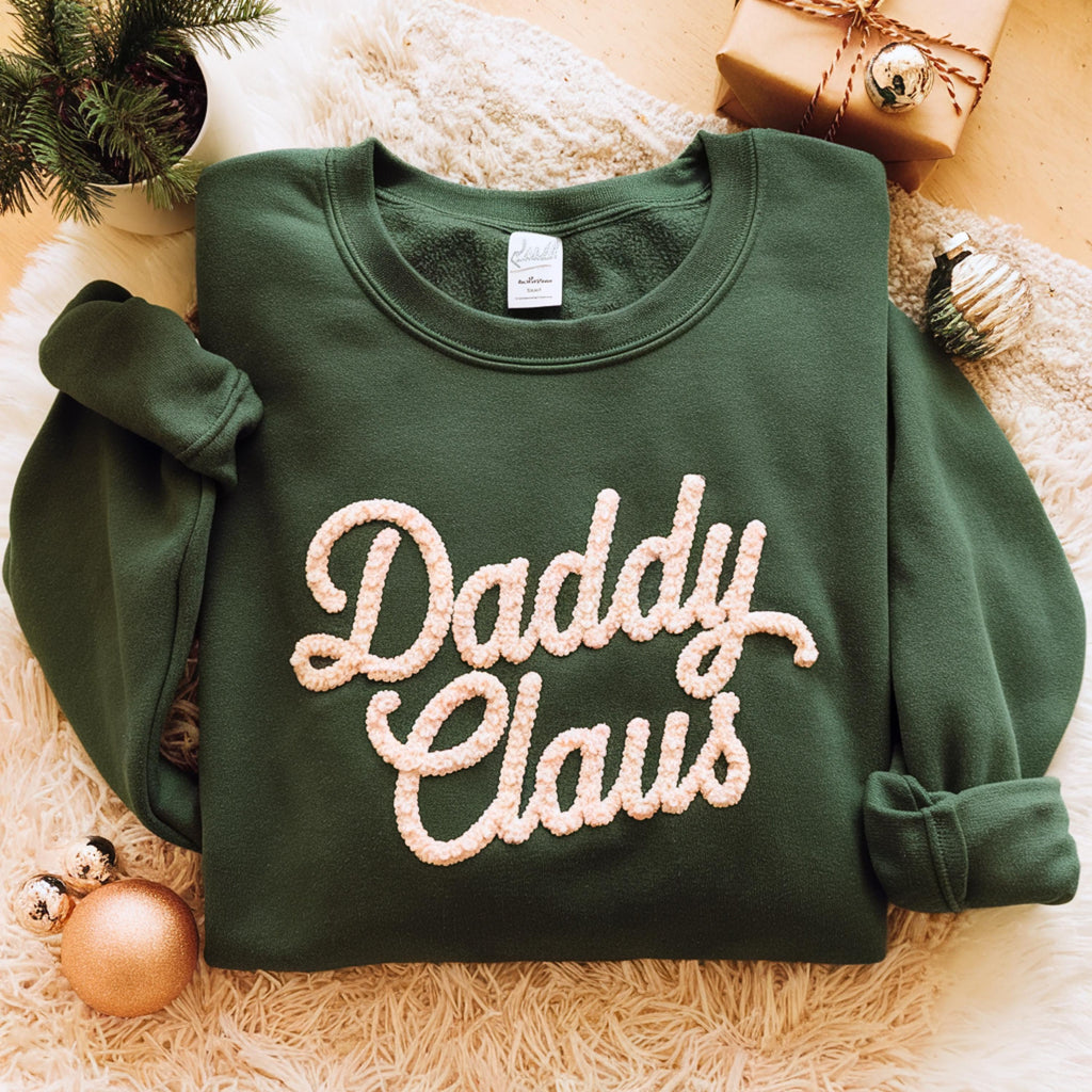 Daddy Claus Chenille Yarn Embroidered Sweatshirt, Dad Embroidery Shirt, Gift for Dad, Family Matching, Christmas Gift For Father