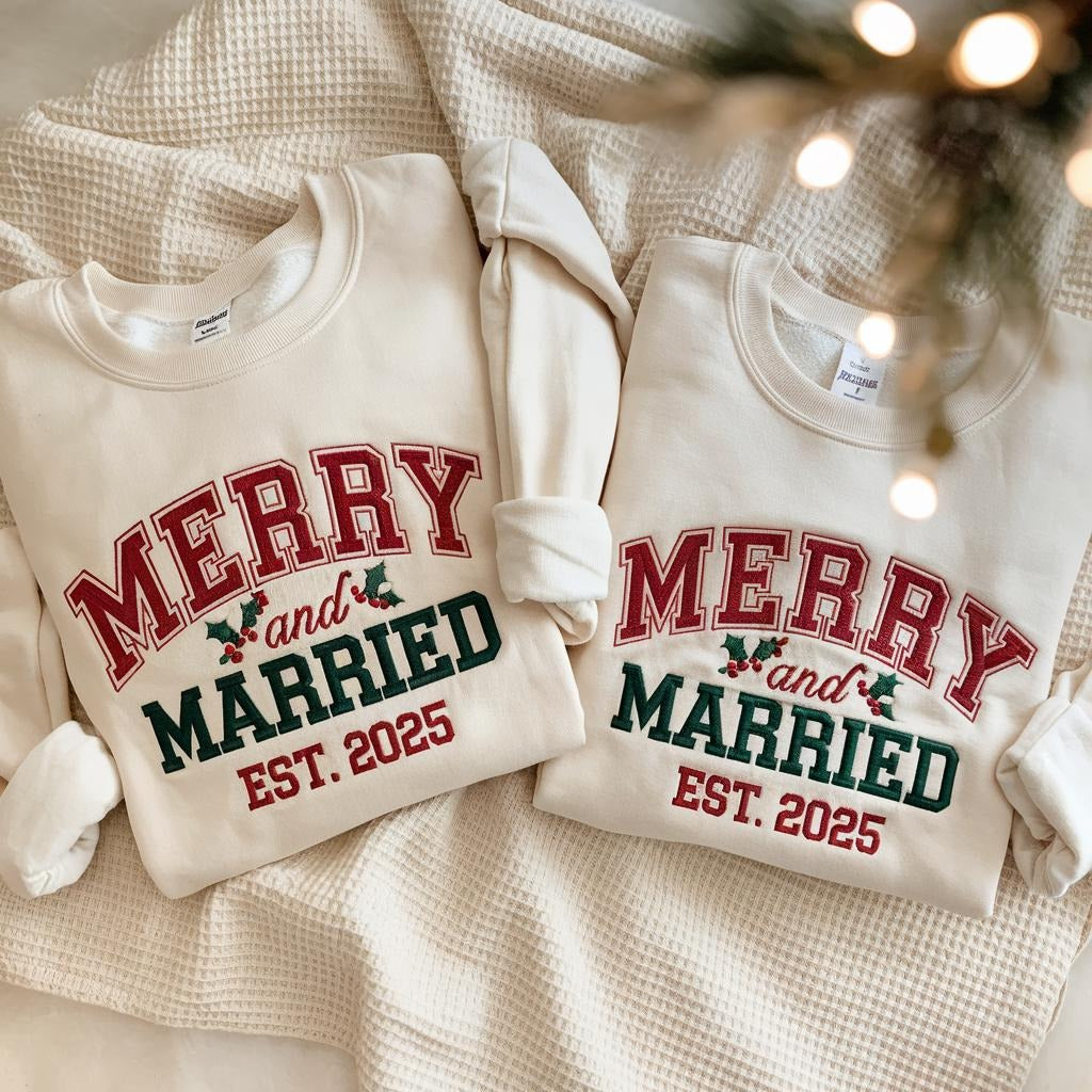Embroidered Merry and Married Sweatshirt, Christmas Newlywed Matching Couple Sweaters, Christmas Wedding Sweater, Christmas Couple Shirt