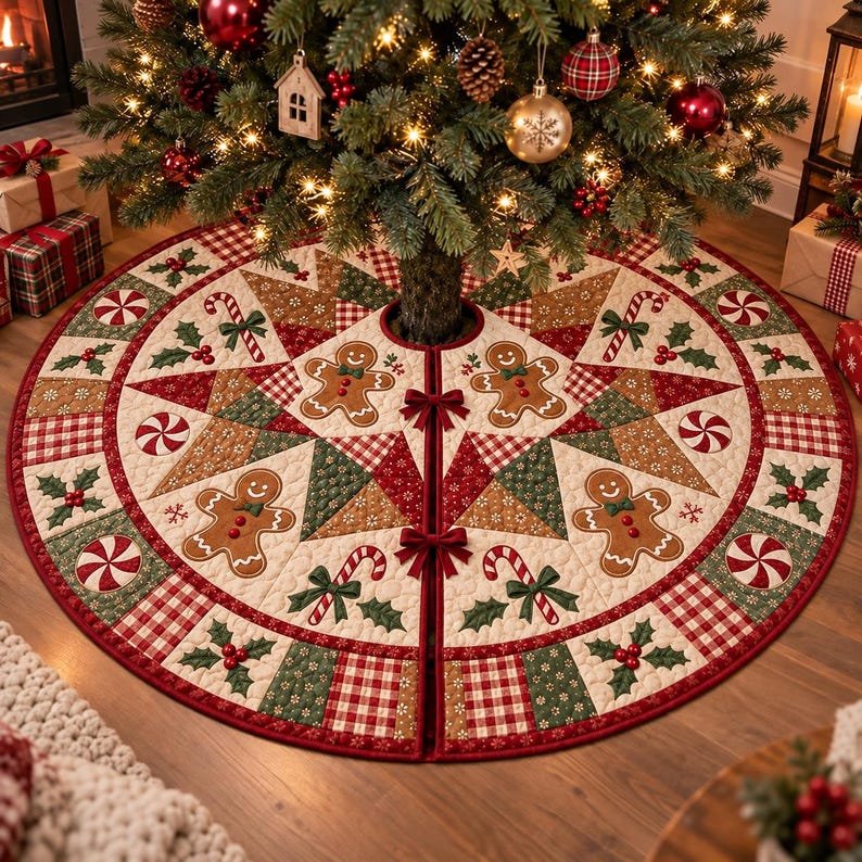 Gingerbread Quilted Tree Skirt, Patchwork Xmas Tree Skirt, Holiday Decor, Xmas Tree Base Cover, Custom Tree Skirt XMASTS22