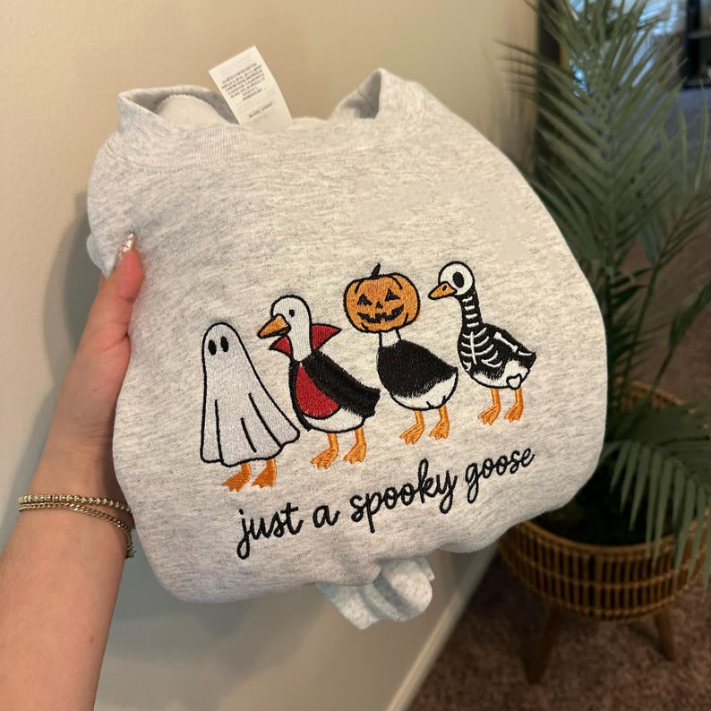 Spooky Goose Embroidered Shirt, Halloween Spooky Season Shirt, Embroidery Geese Fall Autumn, Halloween Gift HLEM22