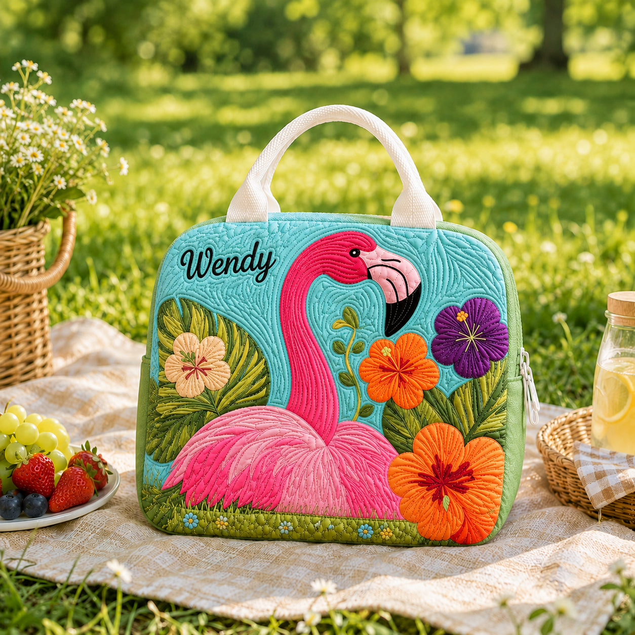 Flamingo Floral Quilted Lunch Bag, Insulated Quilted Lunch Tote, Summer Bird Lunch Bag, Custom Lunch Bag, Back To School Bag, Picnic Bag, Reusable Lunch Tote QLB22