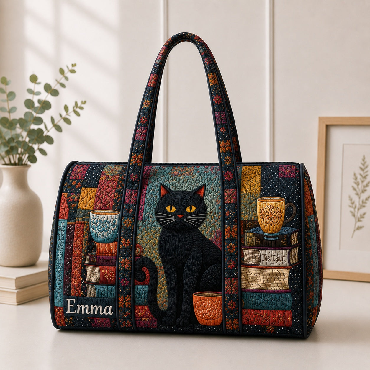 Personalized Black Cat Quilted Duffle Bag, Book Lover Travel Bag, Custom Name Weekender Bag, Cat Mom Gift DFB44
