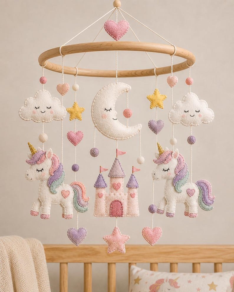 Floral Woodland Baby Mobile, Handmade Felt Crib Mobile with Deer Bunny Flowers and Moon, Baby Girl Nursery Decor, Baby Shower Gift BBMB40