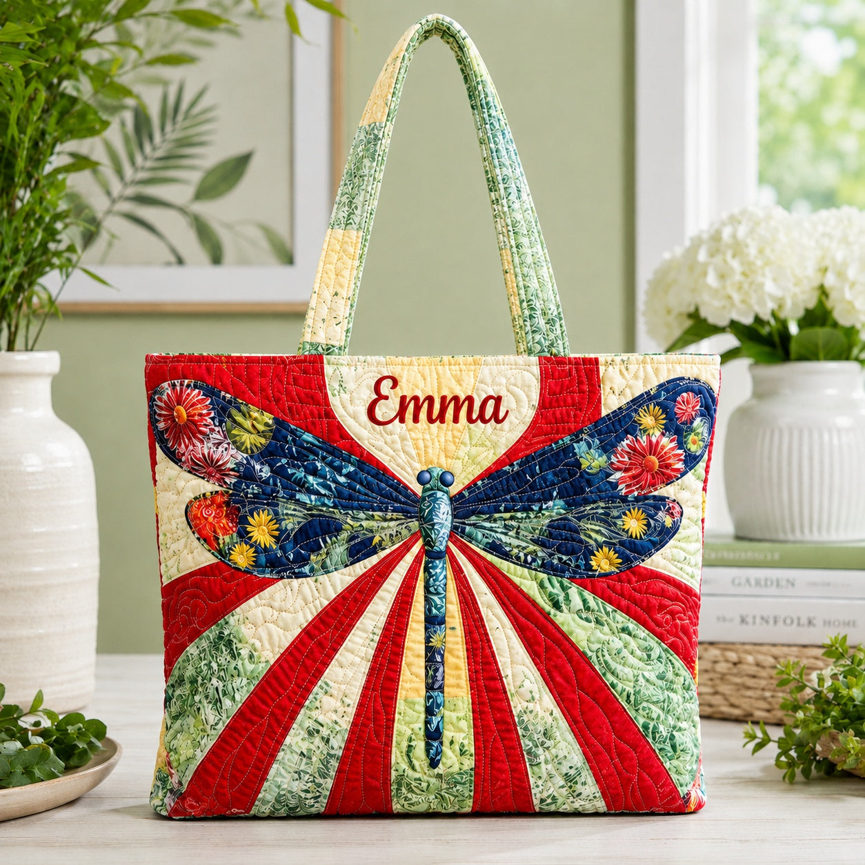 Patchwork Dragonfly Floral Quilted Tote Bag, Dragonfly Shoulder Bag, Custom Dragonfly Lover Tote, Fabric Tote Bag, Gift Bag QTOTE46