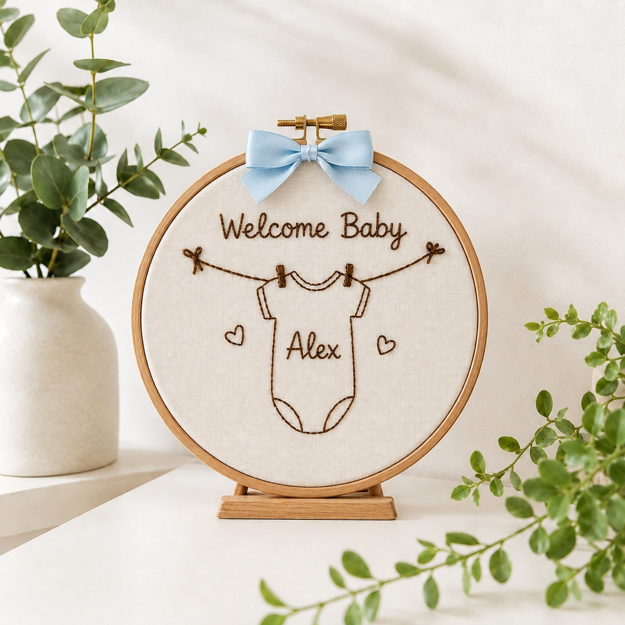 Welcome Baby Embroidery Hoop, Hand Embroidered Personalized Baby Name Hoop, Custom Onesie Nursery Wall Art, Newborn Keepsake Gift EM19