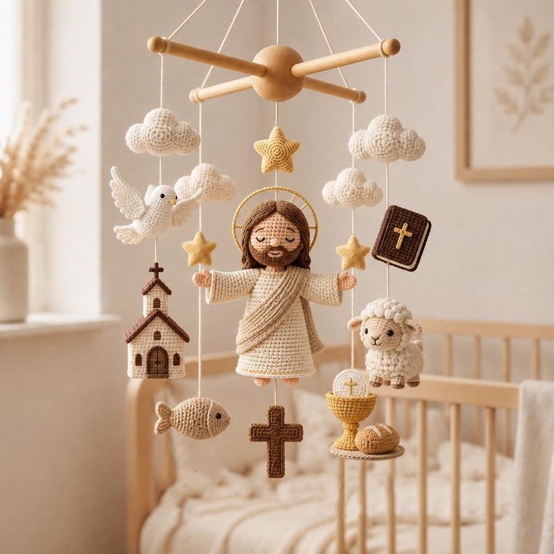 Jesus Christian Baby Crib Mobile, Handmade Crochet Jesus Mobile, Cross Bible Lamb Church Nursery Decor, Christian Baby Shower Gift CrochetBBM20
