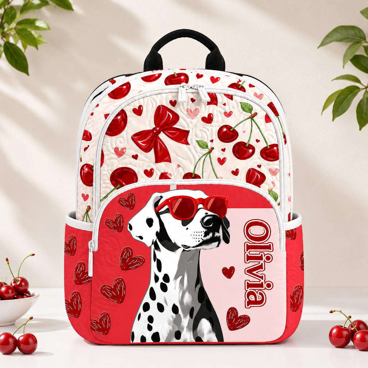 Dalmatian And Cherry Quilted Backpack, Custom Dog Cherry Backpack, Mini Travel Bag, School Bag, Back To School Backpack QBP10