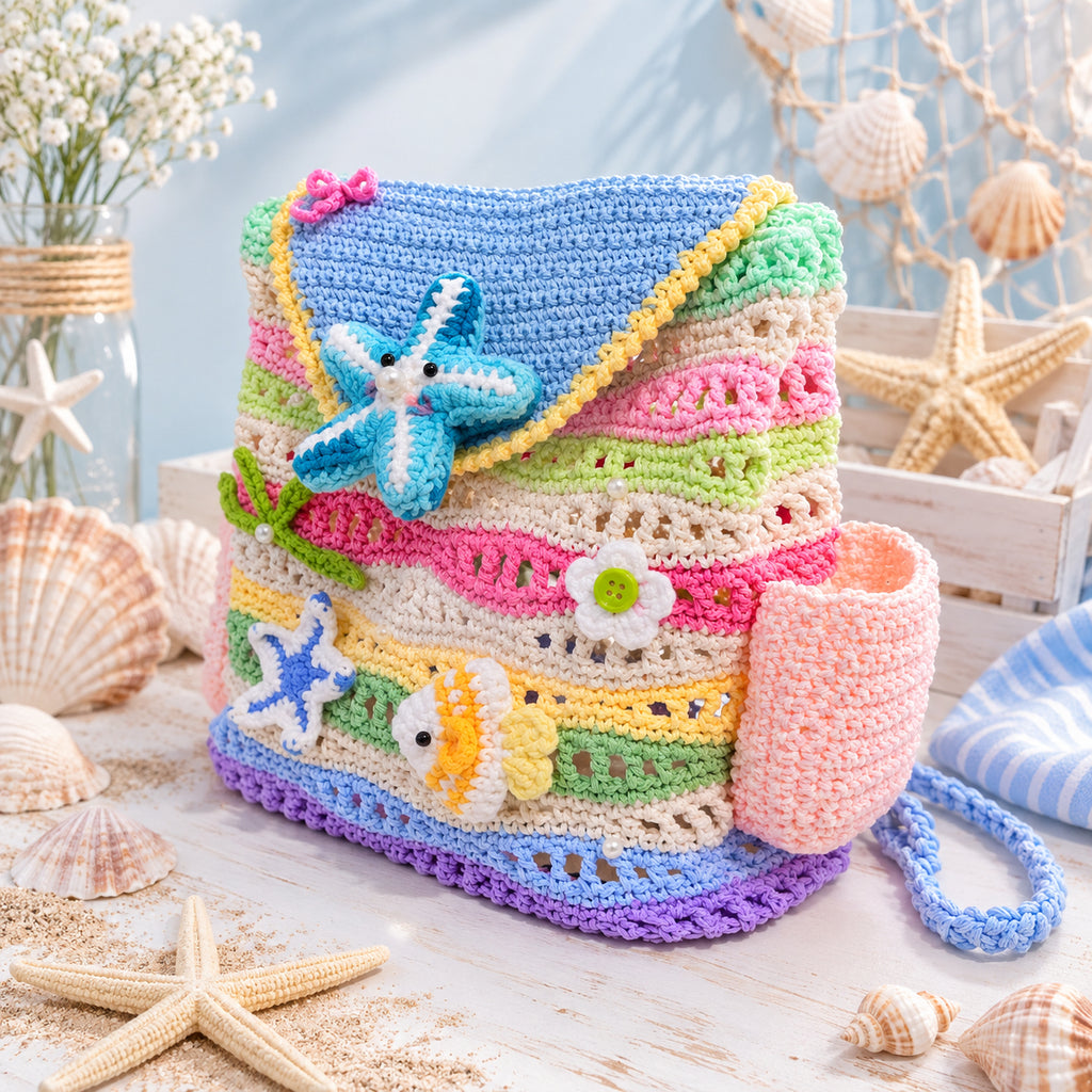 Crochet Kids Backpack, Handmade Colorful Ocean School Bag, Kid Backpack, Starfish Fish Crochet Backpack, Cute Beach Themed Backpack for Girls, Summer Gift for Kids Crochet16