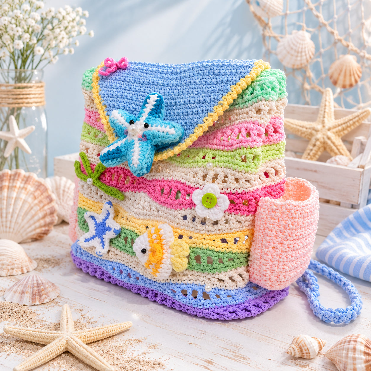 Crochet Kids Backpack, Handmade Colorful Ocean School Bag, Kid Backpack, Starfish Fish Crochet Backpack, Cute Beach Themed Backpack for Girls, Summer Gift for Kids Crochet16