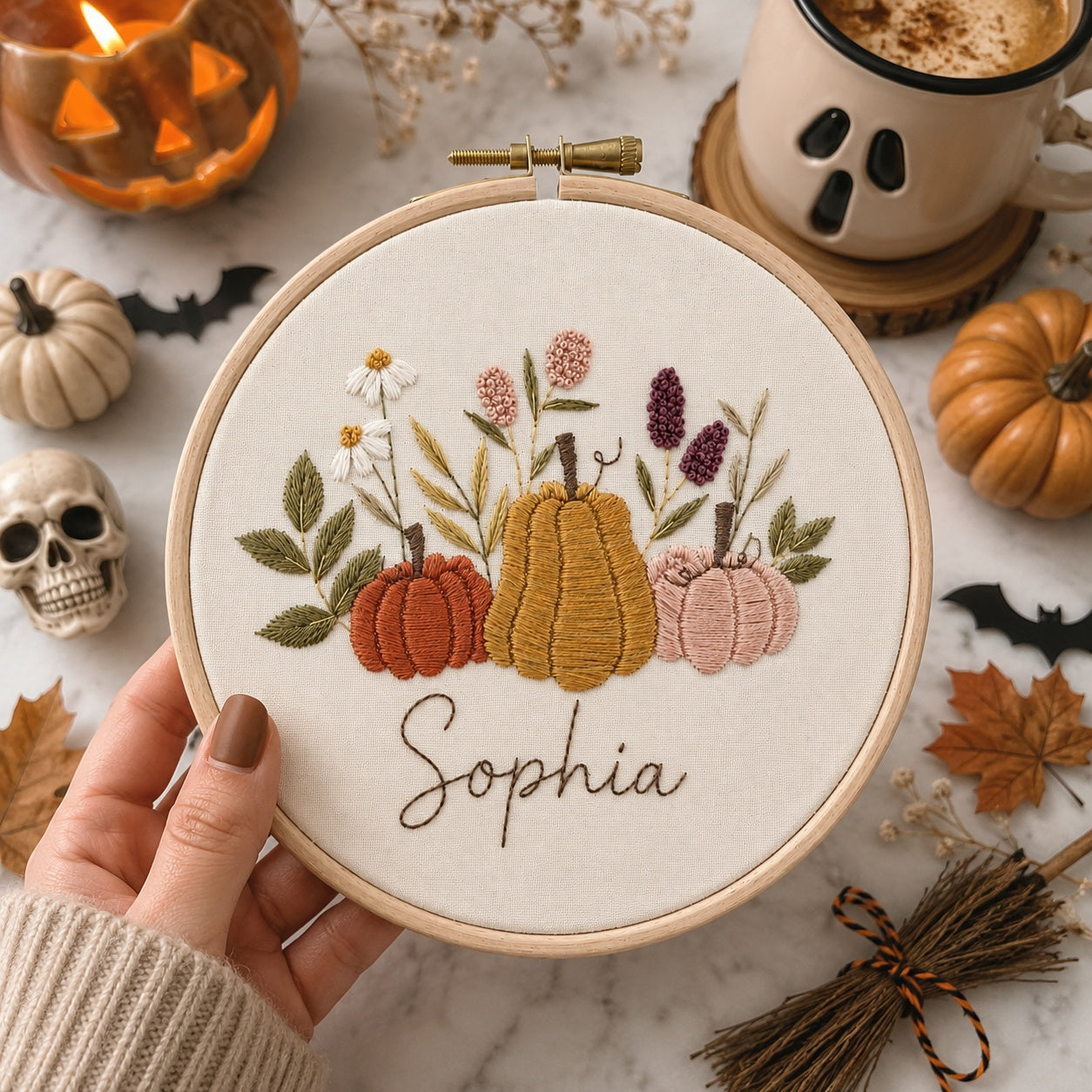 Personalized Pumpkin Hand-Embroidery Hoop Art, Custom Name Fall Decor, Autumn Floral Pumpkin Wall Hanging, Handmade Harvest Gift HOOP23