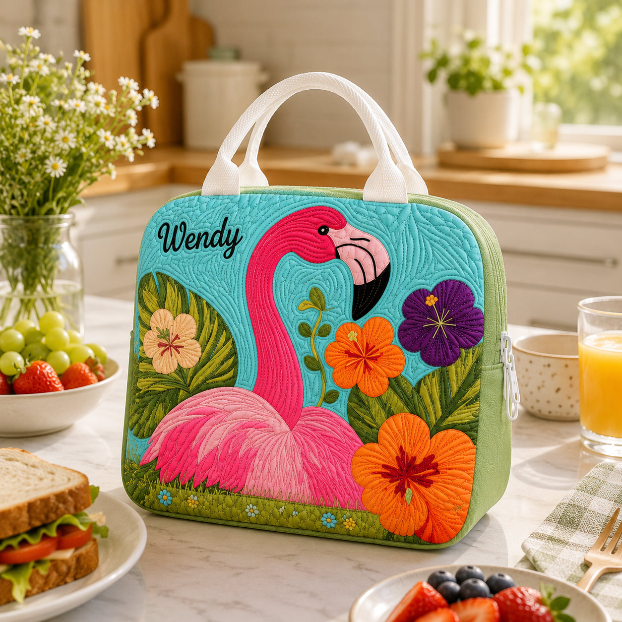 Flamingo Floral Quilted Lunch Bag, Insulated Quilted Lunch Tote, Summer Bird Lunch Bag, Custom Lunch Bag, Back To School Bag, Picnic Bag, Reusable Lunch Tote QLB22