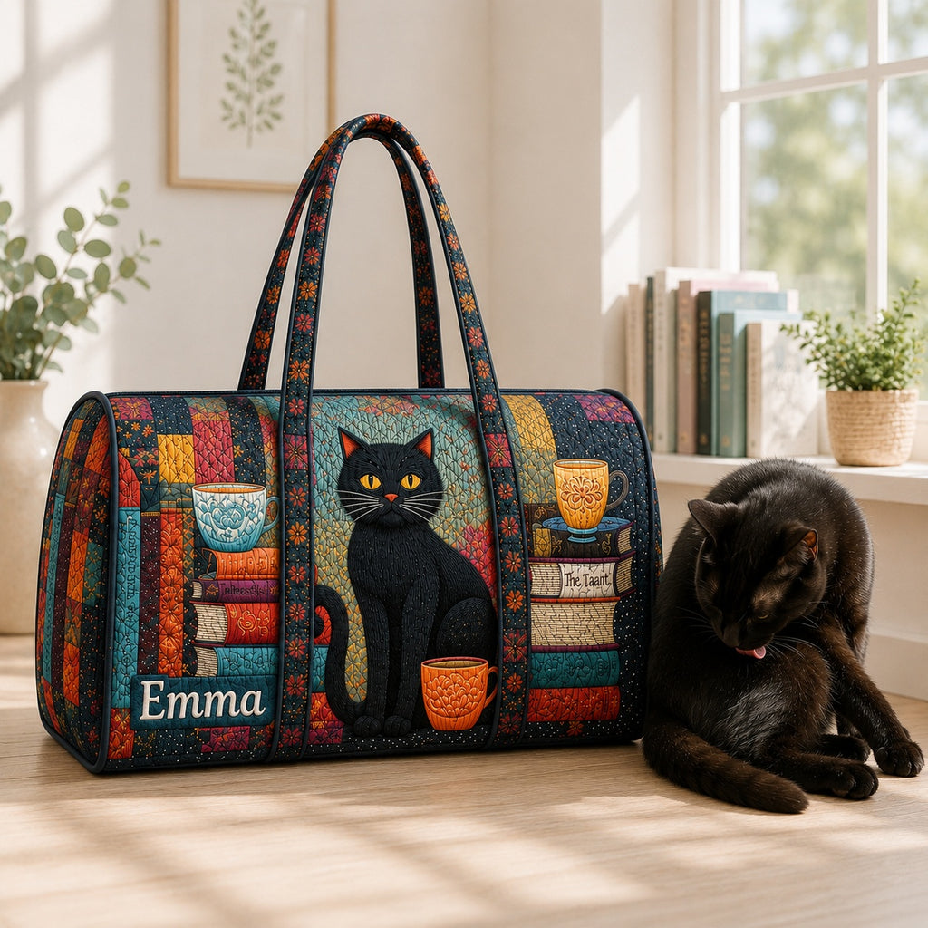 Personalized Black Cat Quilted Duffle Bag, Book Lover Travel Bag, Custom Name Weekender Bag, Cat Mom Gift DFB44