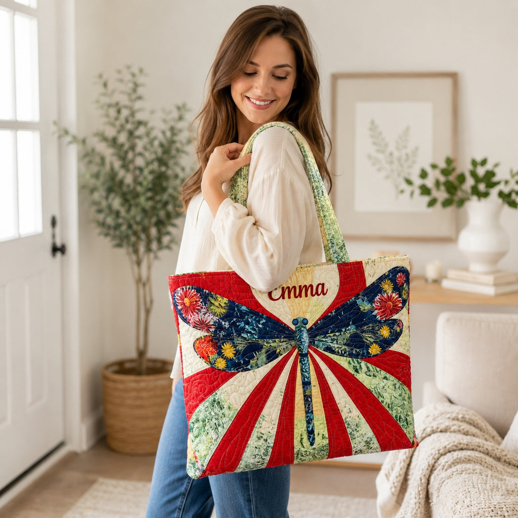 Patchwork Dragonfly Floral Quilted Tote Bag, Dragonfly Shoulder Bag, Custom Dragonfly Lover Tote, Fabric Tote Bag, Gift Bag QTOTE46