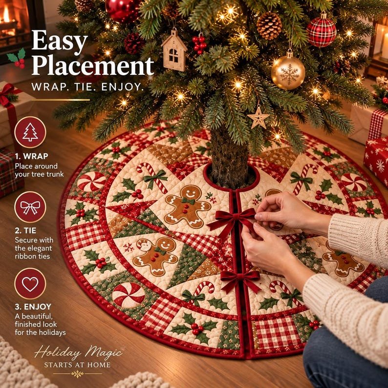 Gingerbread Quilted Tree Skirt, Patchwork Xmas Tree Skirt, Holiday Decor, Xmas Tree Base Cover, Custom Tree Skirt XMASTS22