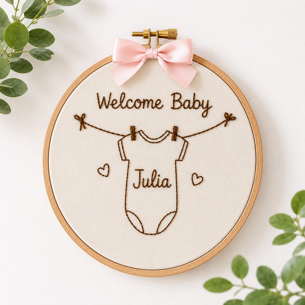 Welcome Baby Embroidery Hoop, Hand Embroidered Personalized Baby Name Hoop, Custom Onesie Nursery Wall Art, Newborn Keepsake Gift EM19